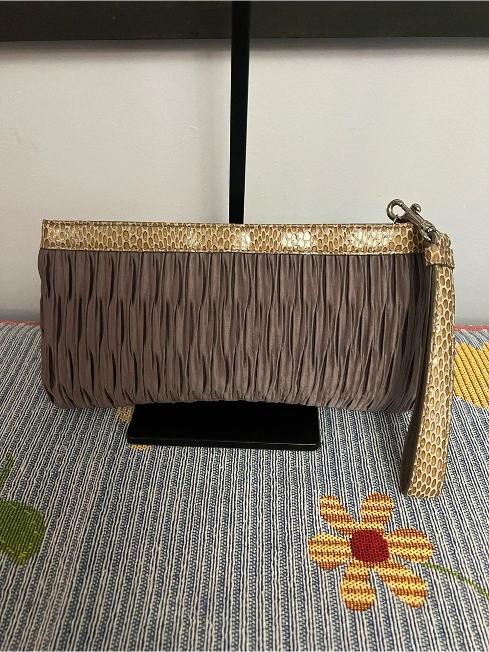 Coach Taupe Pleated Wristlet with Tan and Python Accent